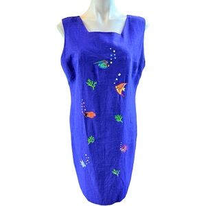 Sleeveless Cobalt Blue Embroidered Fish Midi Dress